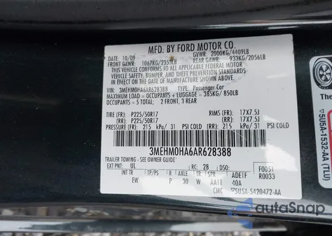 2010 Mercury Milan from USA, damaged, VIN 3MEHM0HA6AR628388